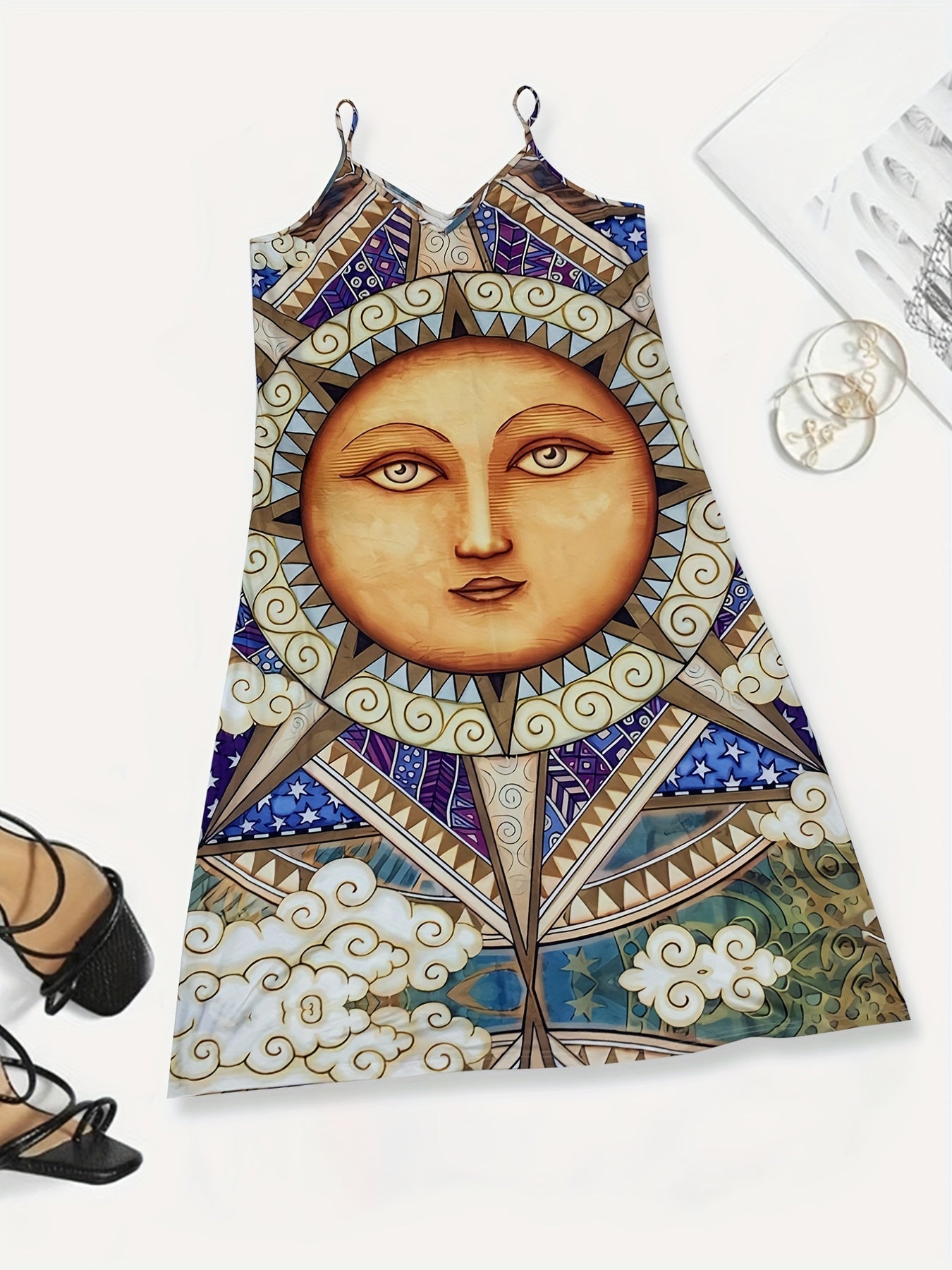  Graphic Print V Neck Maxi Cami Dress