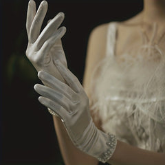 Bride Wedding Gloves Short Satin Soft Gloves Pearl Decoration Gloves