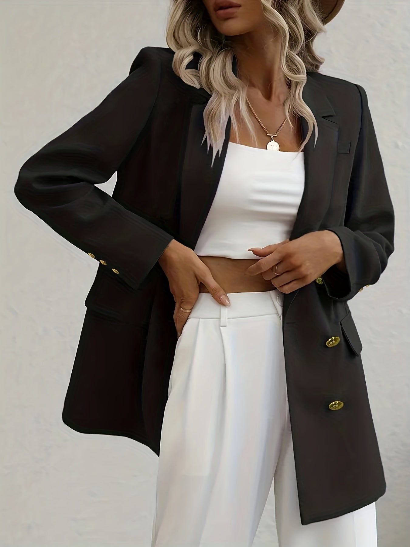 Solid Button Front Blazer Lapel Long Sleeve Blazer For Office & Work