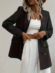 Solid Button Front Blazer Lapel Long Sleeve Blazer For Office & Work