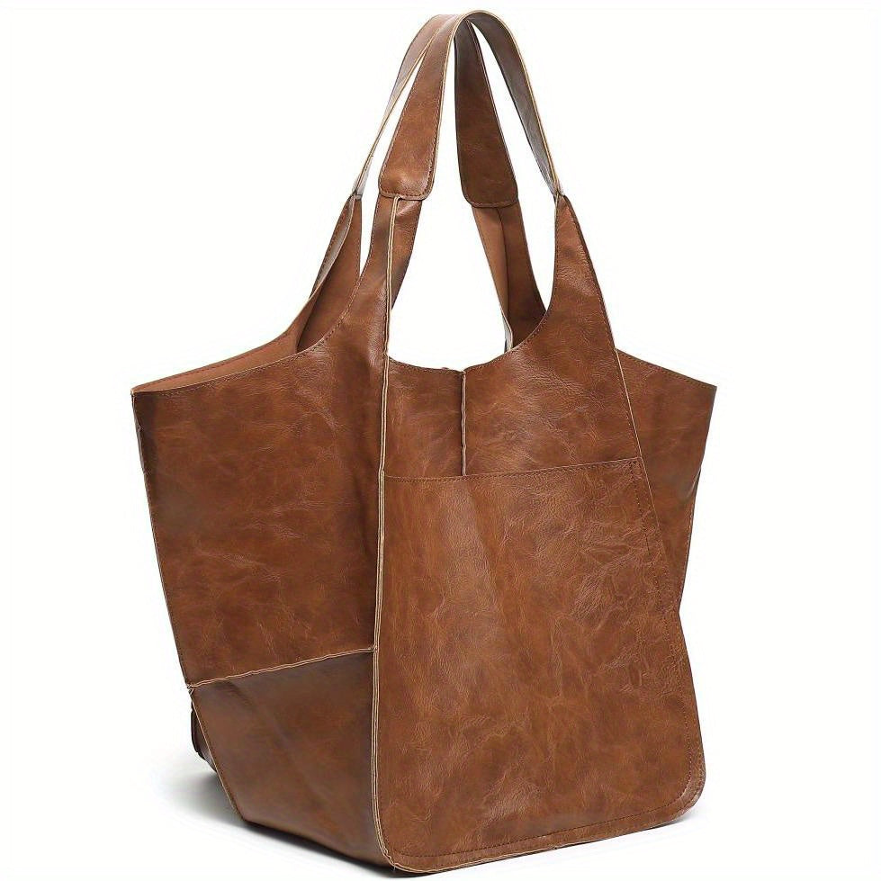 Large Capacity Tote Bag Retro Style Faux Leather Handbag