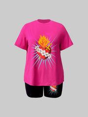 Women's Plus Glitter Print Top & Shorts Set, Short Sleeve Round Neck Outfit