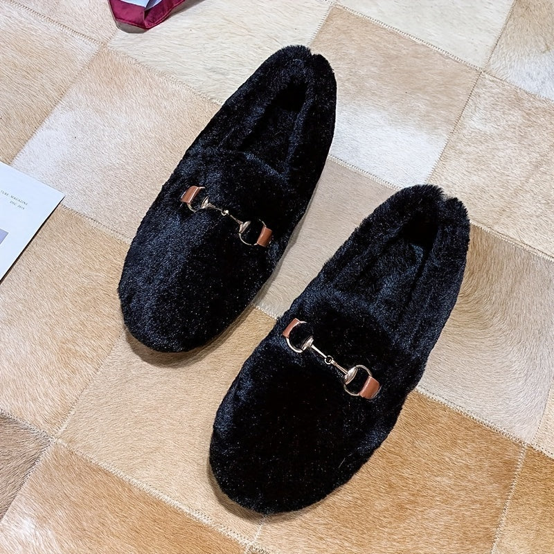 Women's Metal Decor Flat Loafers Plush Lined Shoes