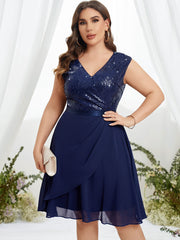  Solid Sequin Cap Sleeve V Neck Stretch Dress