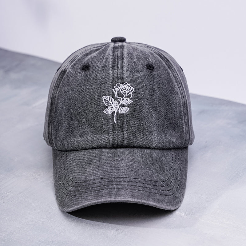 Distressed Baseball Cap Rose Embroidery Adjustable Sun Hats