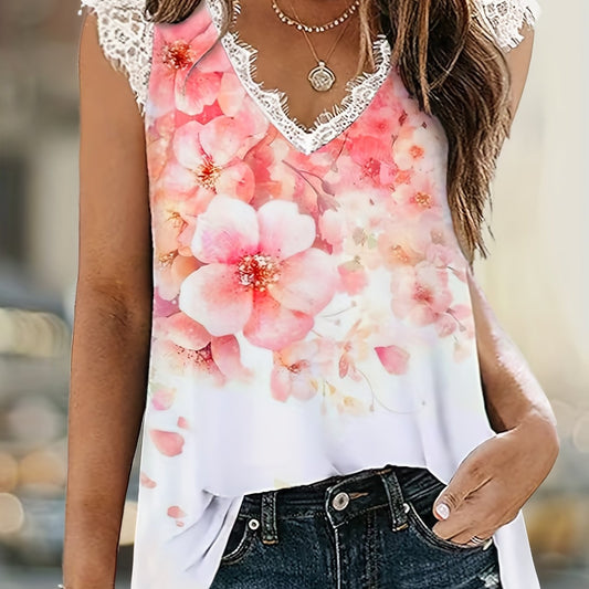  Floral Print Lace Trim V Neck Tank Top