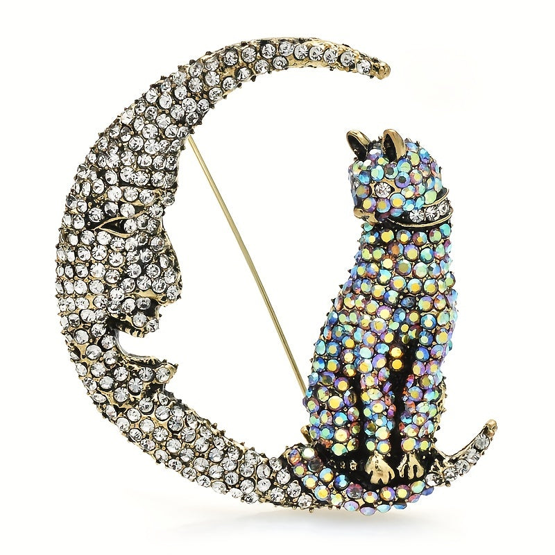Glitter Moon Cat Brooch for Men Rhinestone Pets Party Office