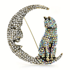 Glitter Moon Cat Brooch for Men Rhinestone Pets Party Office