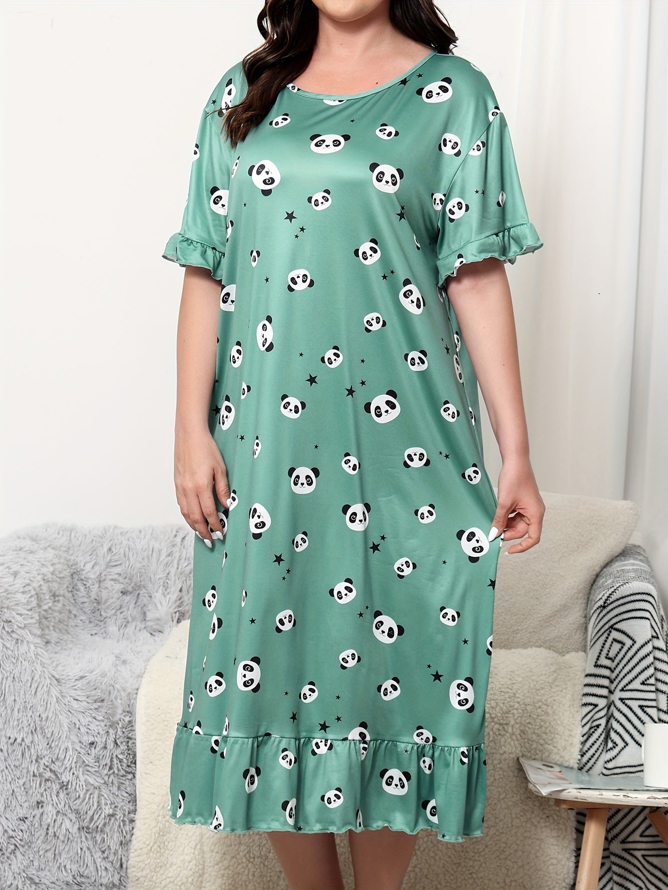  Panda & Star Print Ruffle Trim Sleep Dress