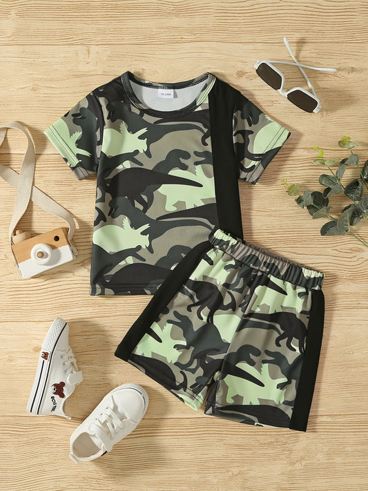 Boys Camo Dino Outfit Shorts & T shirt Crew Neck Casual Summer Clothes