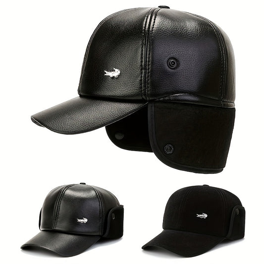 Men's Winter Ear Protection Fleece Leather Hat Outdoor Ski Cap