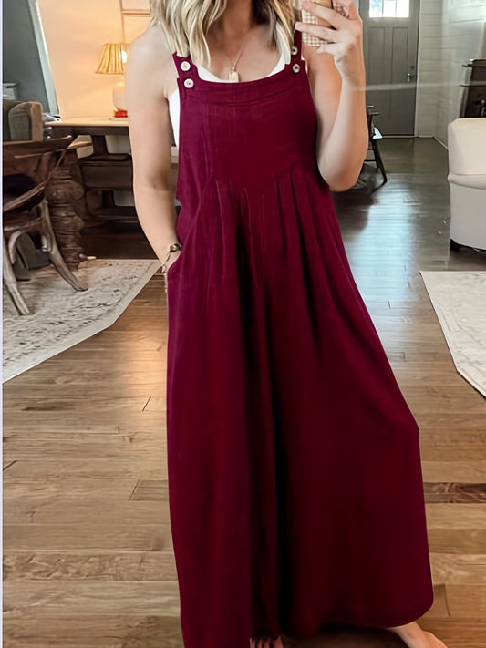  Casual Overall Dress Solid Button Maxi Overall Dress With Pockets