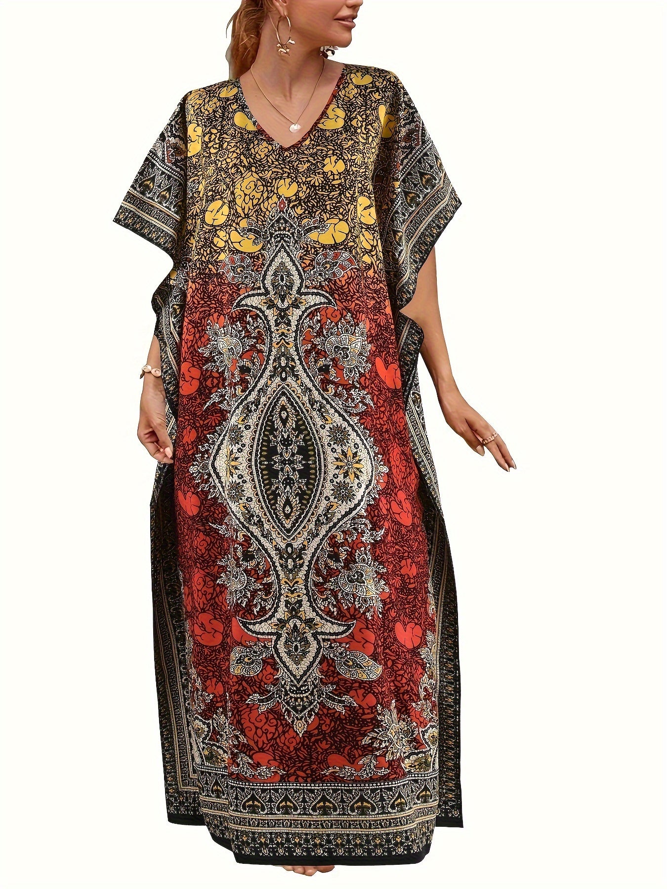  Boho Kaftan Dress Women's Plus Tribal Print Batwing Sleeve V Neck Maxi