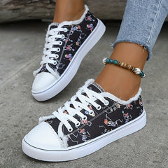 Women's Skull Print Lace Up Canvas Sneakers Lightweight Halloween Shoes