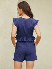  Solid Ruffle Sleeve Crop Top & Shorts Set