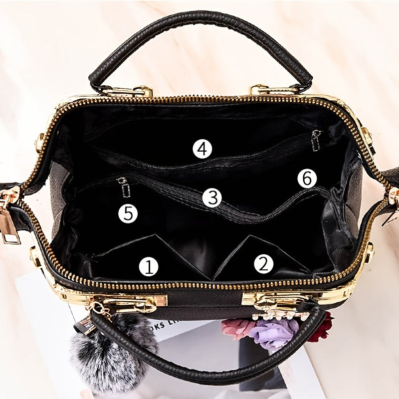 3D Floral Decor Handbag Faux Leather Crossbody Bag Women's Top Handle Purse