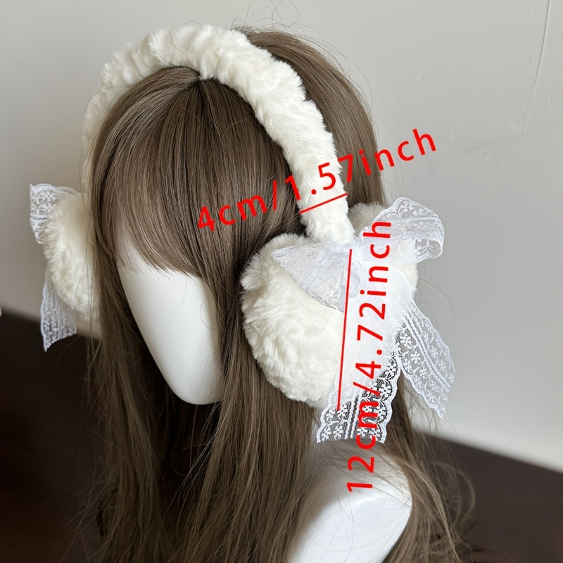 Winter Japanese Style Lace Bow Warm Headwear Fluffy Ear Muffs