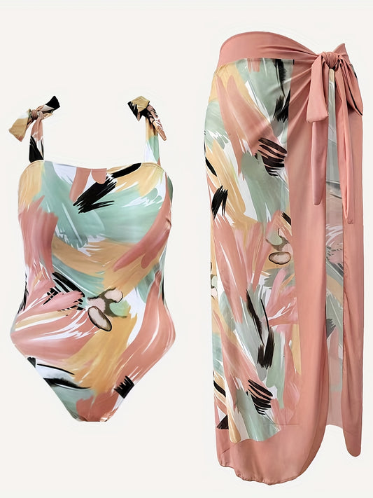 Retro Style One Piece Bathing Suit with Cover Up