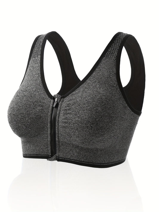 Plus Size Zipper Front Racer Back Sports Bra Wireless Running Gym Bra