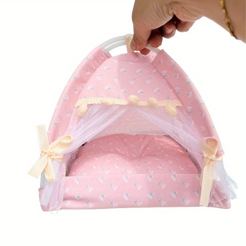 1:12 Scale Pink Dollhouse Tent with Floral Pattern Bow Accents