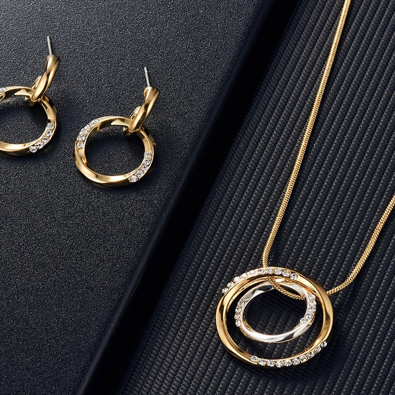 Circle Jewelry Set Inlaid Rhinestones Pendant Necklace & Dangle Earrings
