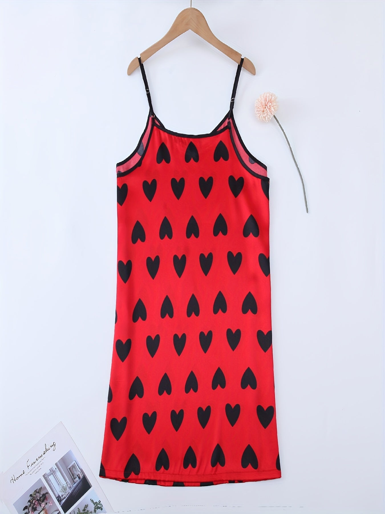  Heart Print Satin Cami Sleep Dress