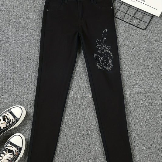 Glitter Flower Rhinestone Denim Pants Skinny Jeans Women's Clothing