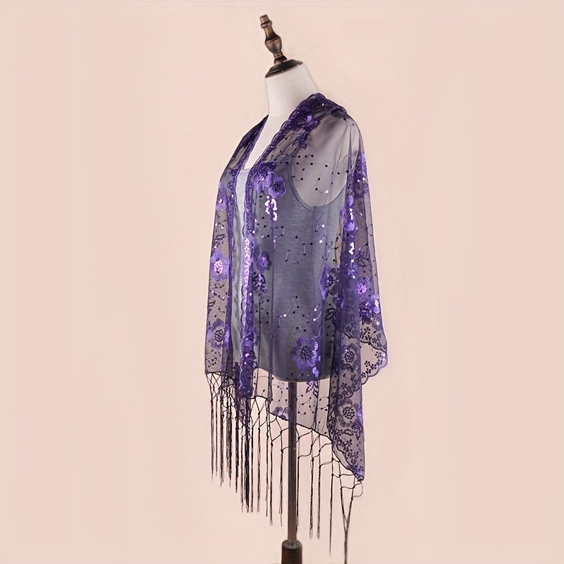 Sequin Flower Embroidery Shawl Tassel Cape Women Glitter Scarf