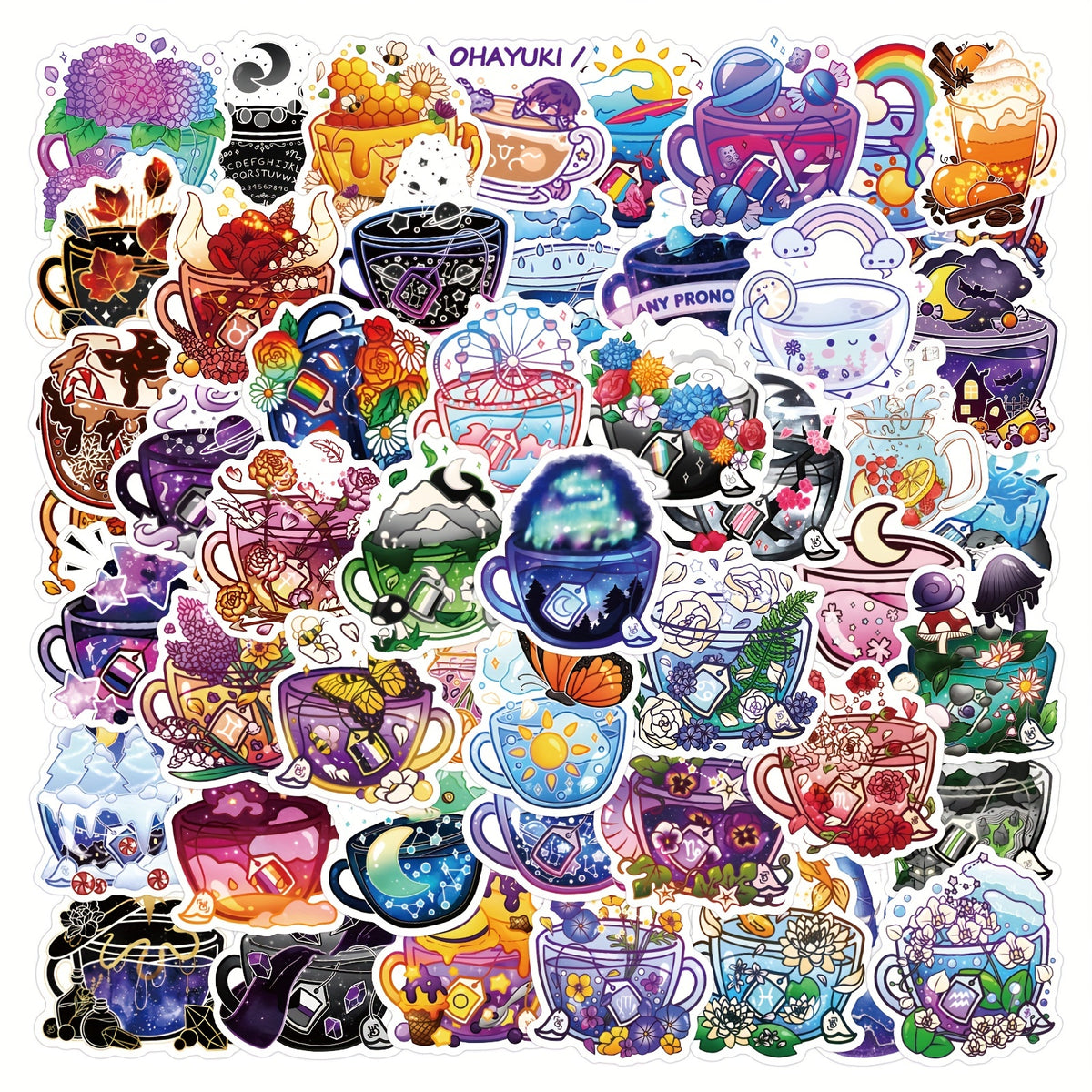 50pcs Colorful Tea Cup Stickers Waterproof Vinyl Travel Stickers Pack