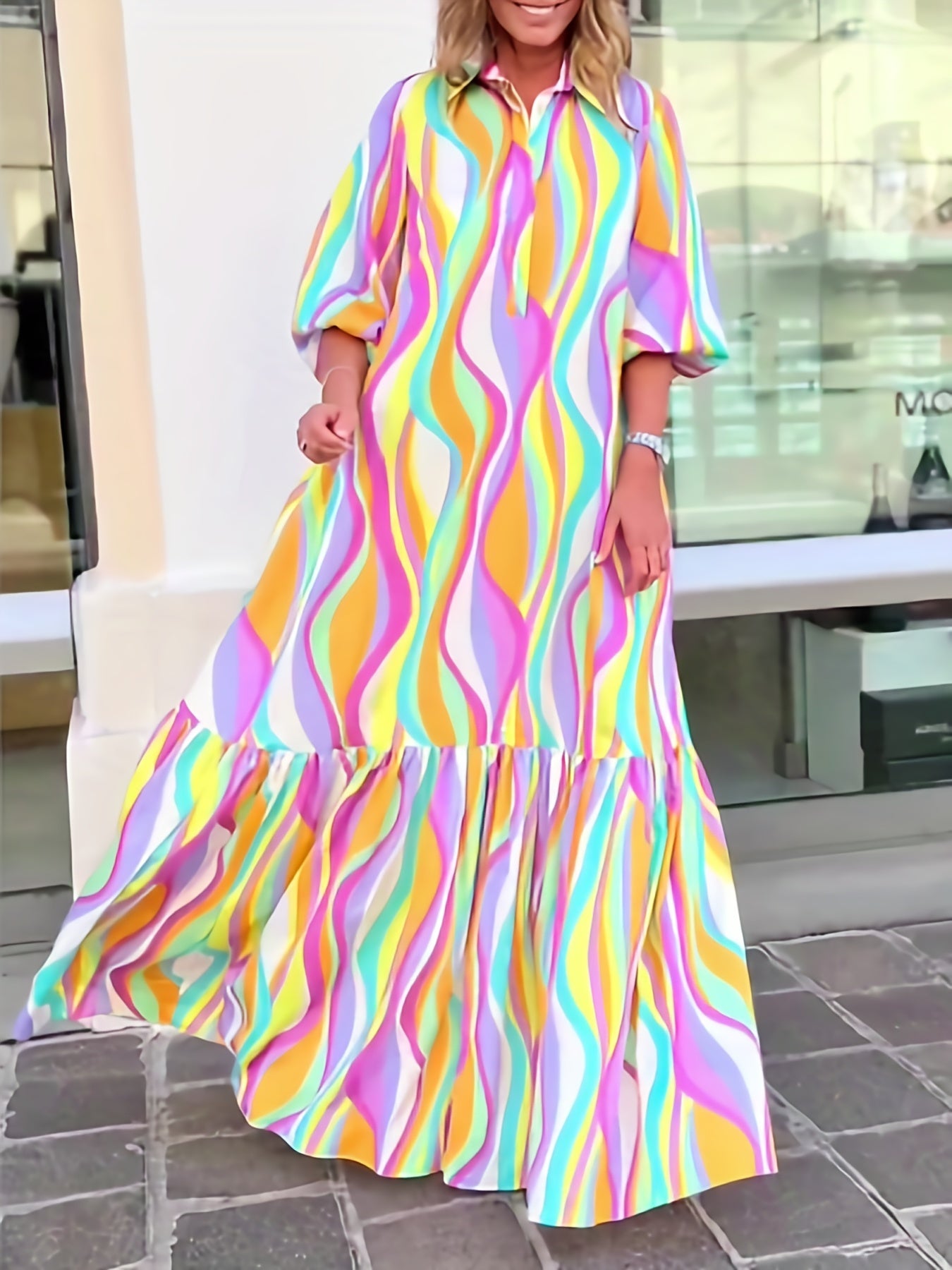  Colorblock Stripe Print Half Puff Sleeve Maxi Dress