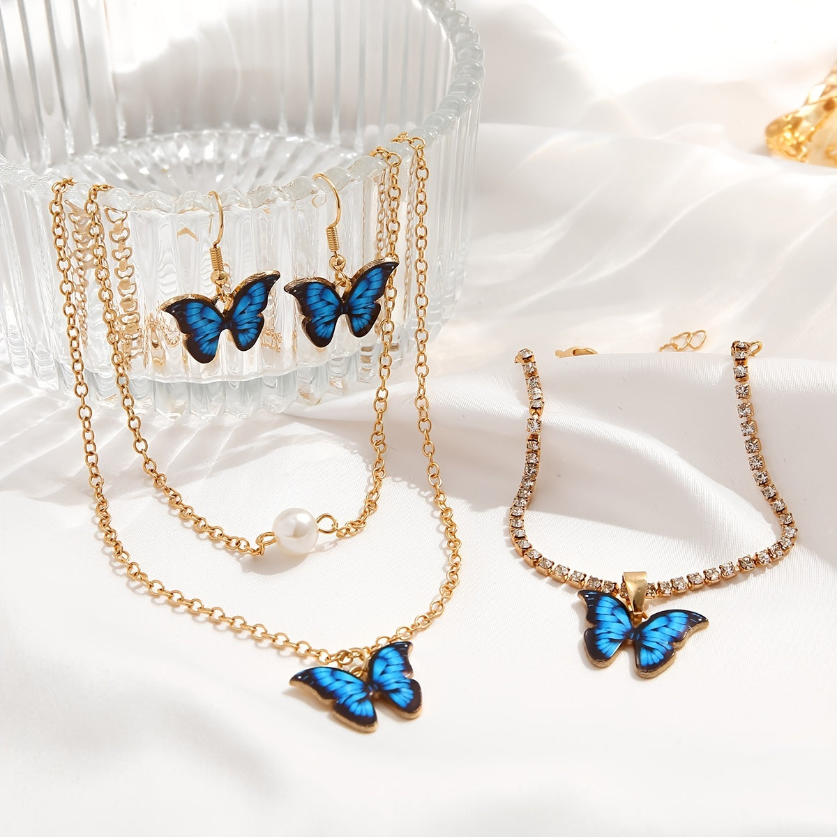 Butterfly Pendant Jewelry Set Necklace Bracelet Earrings