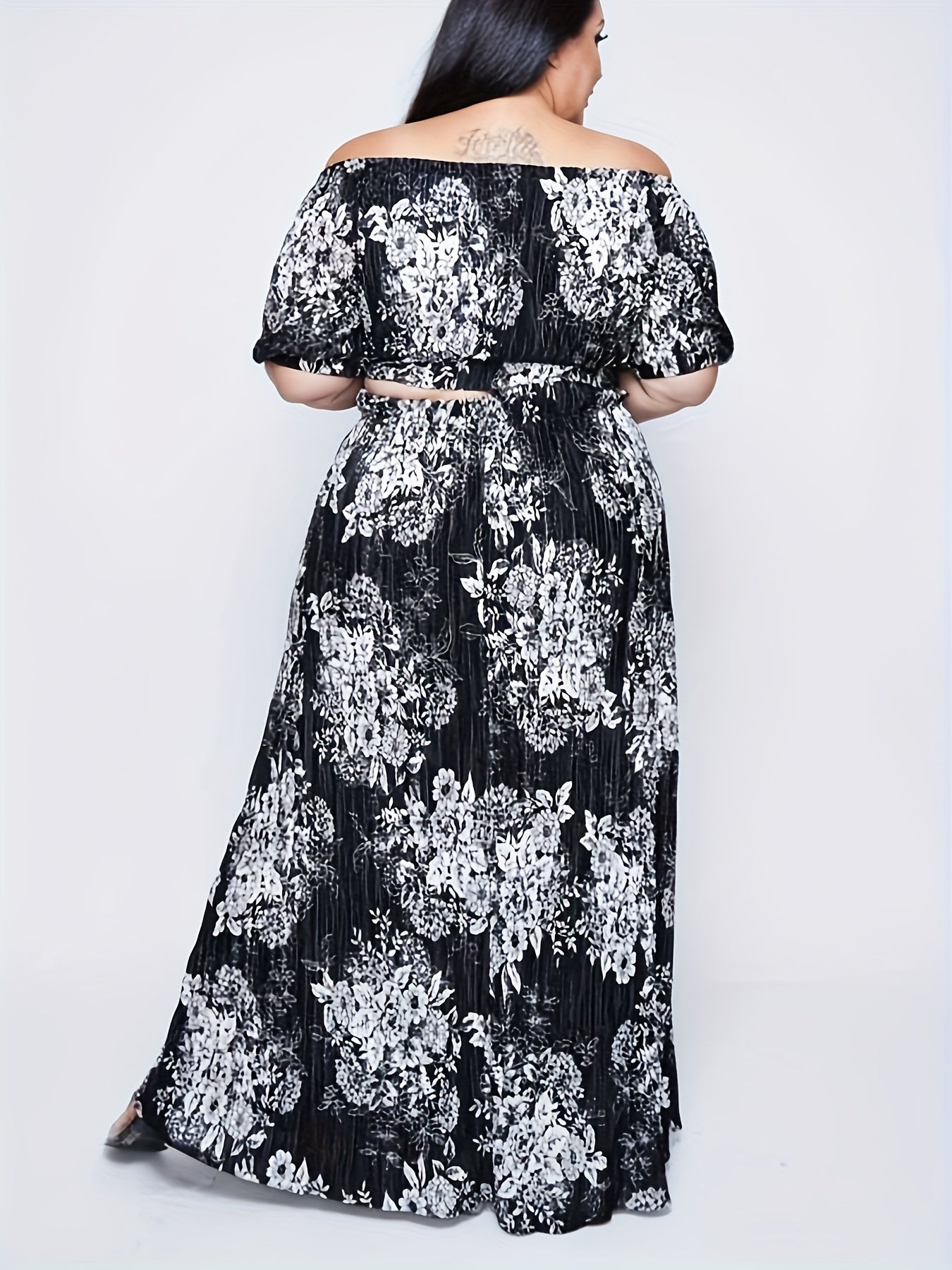  Floral Print Off Shoulder Crop Top & Split Skirt Set