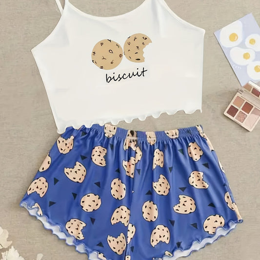Cookies Print Pajama Set Crew Neck Cami Top & Elastic Waistband