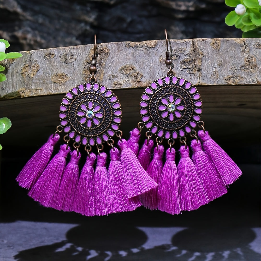 Bohemian Style Fan Shaped Tassel Earrings with Rhinestones