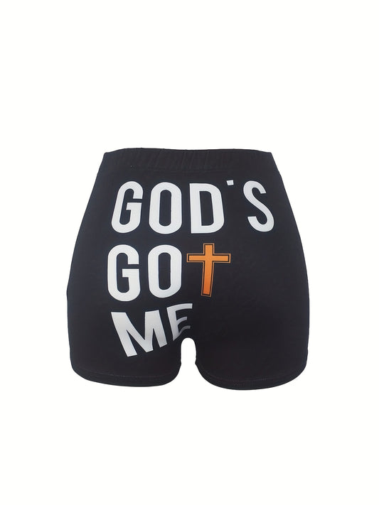 Colorblock Letter Print Skinny Shorts for Women