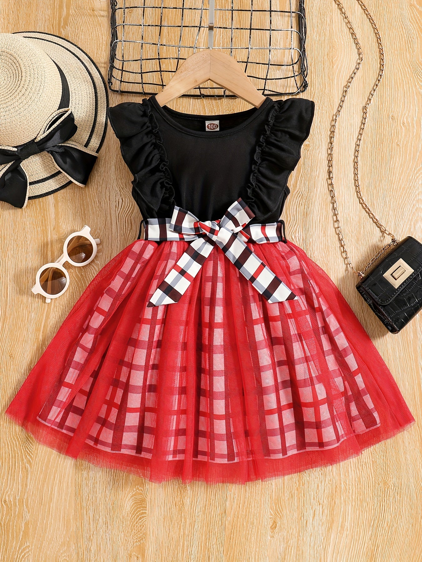 Girls Ruffle Sleeve Plaid Print Princess Dress With Belt