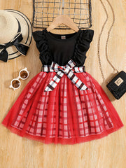 Girls Ruffle Sleeve Plaid Print Princess Dress With Belt