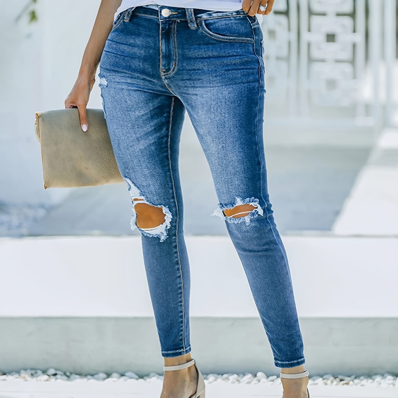  Solid Ripped High Rise Jeans
