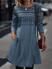 Floral Print Long Sleeve Round Neck Dress With Pockets