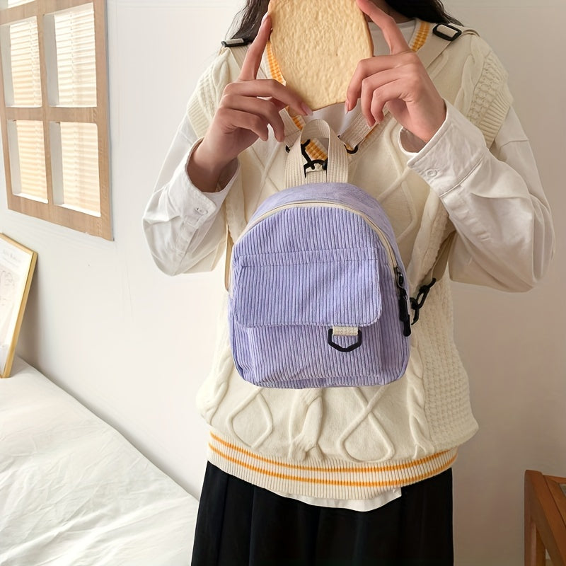Women's Mini Corduroy Backpack Solid School Bag 9x6x7 Inches