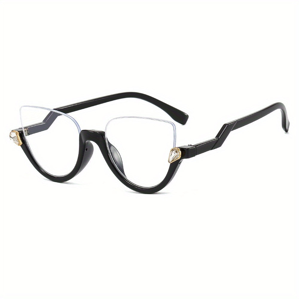 Semi Rimless Cat Eye Clear Lens Glasses with Rhinestone Decor