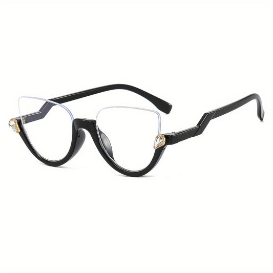 Semi Rimless Cat Eye Clear Lens Glasses with Rhinestone Decor