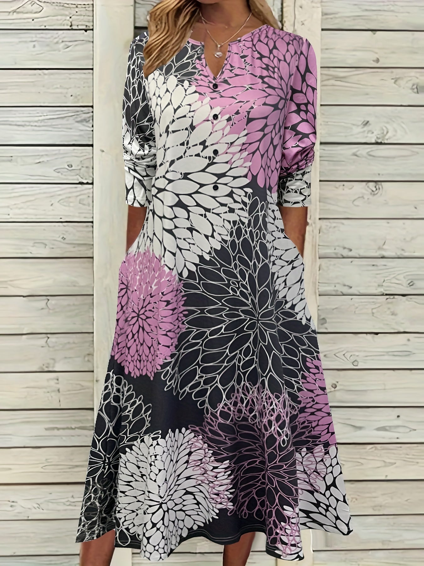  Boho Dress Women's Plus Allover Print Long Sleeve Button Decor