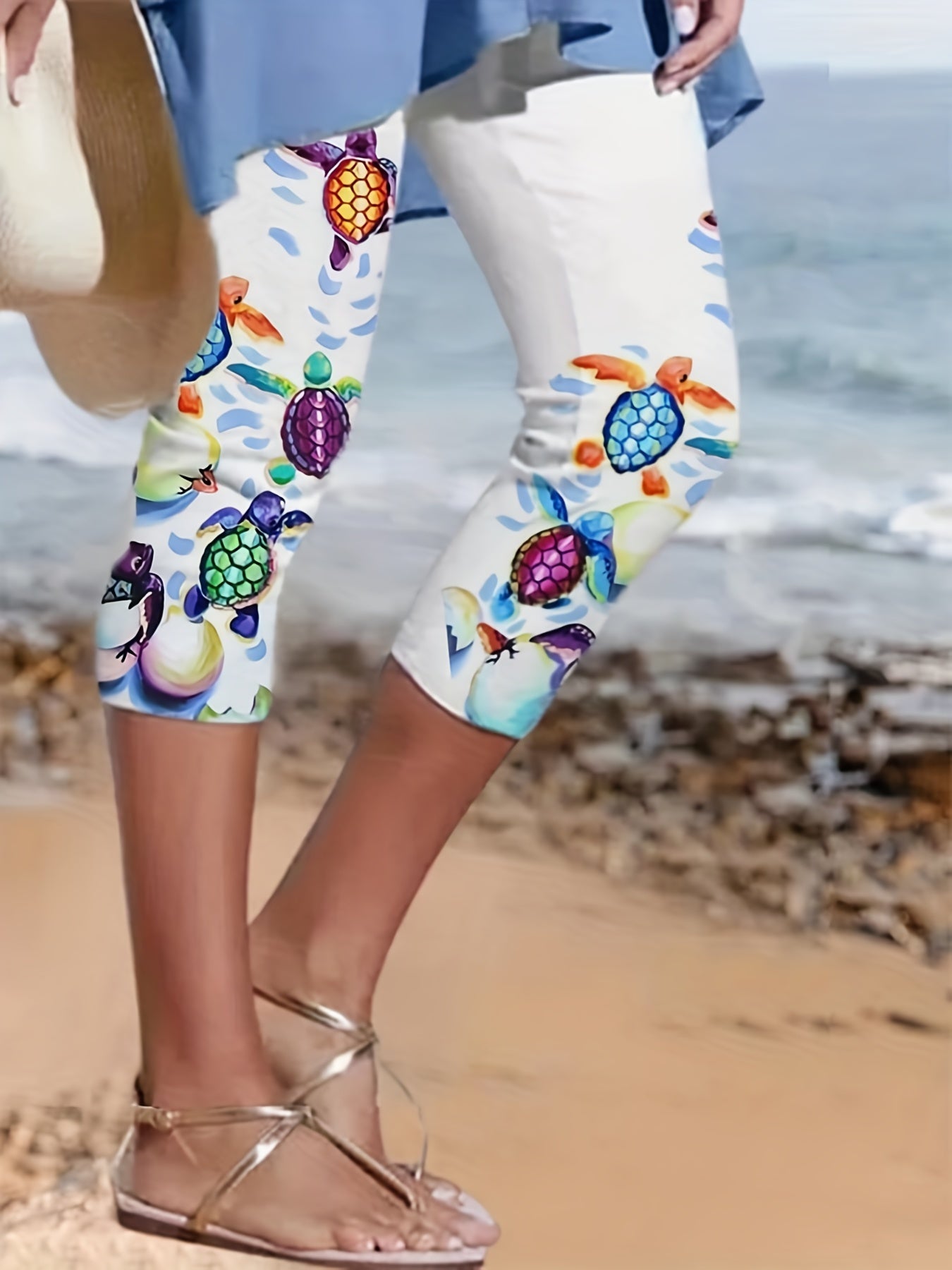 Turtle Print Elastic Waist Leggings for Women
