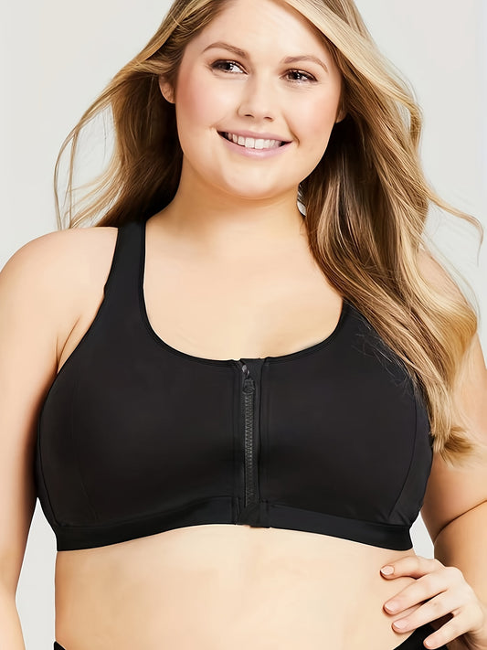 Plus Size Sports Bra Women's Plus Solid Front Zipper Wireless