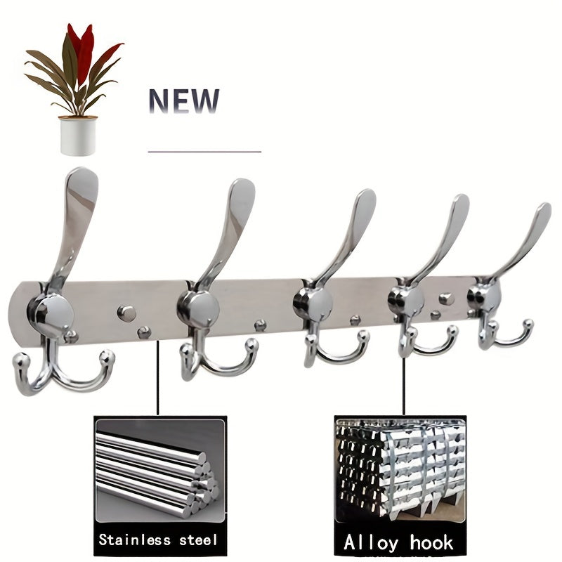 2pcs Wall Mounted Storage Rack with 5 Tri Hooks for Clothes Coat Towels Bath