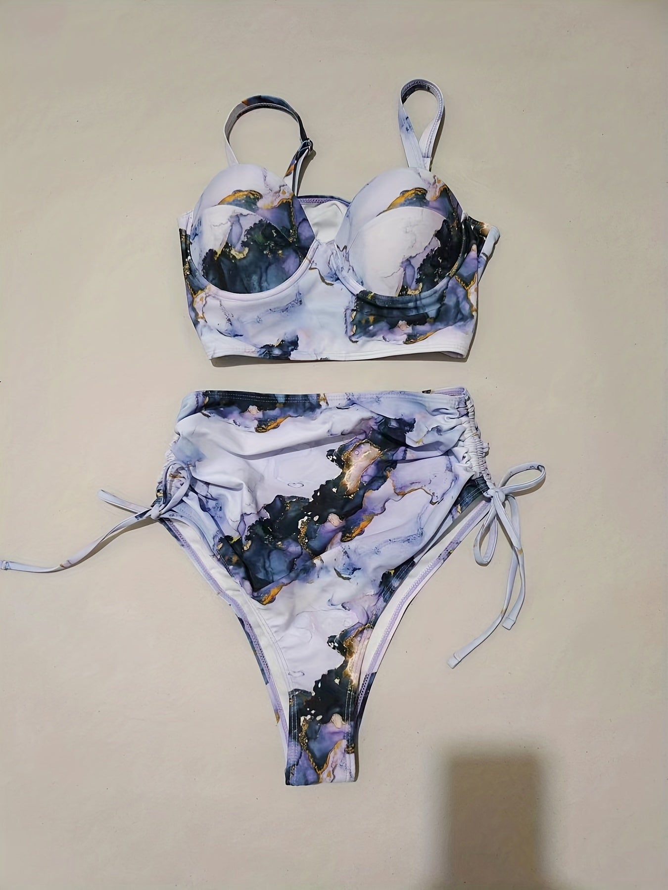 Tie Dye Push Up Bikini Set V Neck Tie Side High Cut Two Piece Swimwear