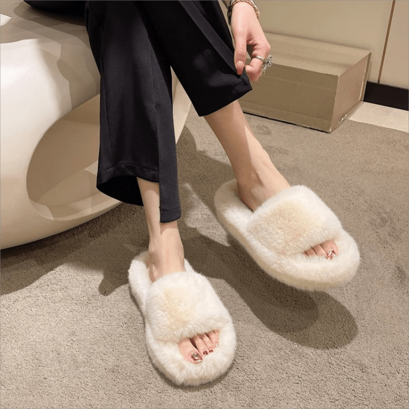 Women's Fluffy Home Slippers Cozy Solid Open Toe Fuzzy Shoes