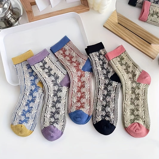 5 Pairs Floral Print Socks Women's Mid Tube Stockings