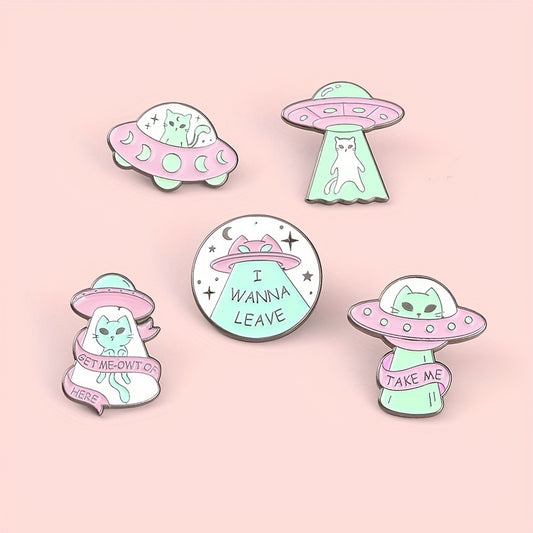 Cartoon Alien Spaceship Alloy Emblem Brooch for Women Girls